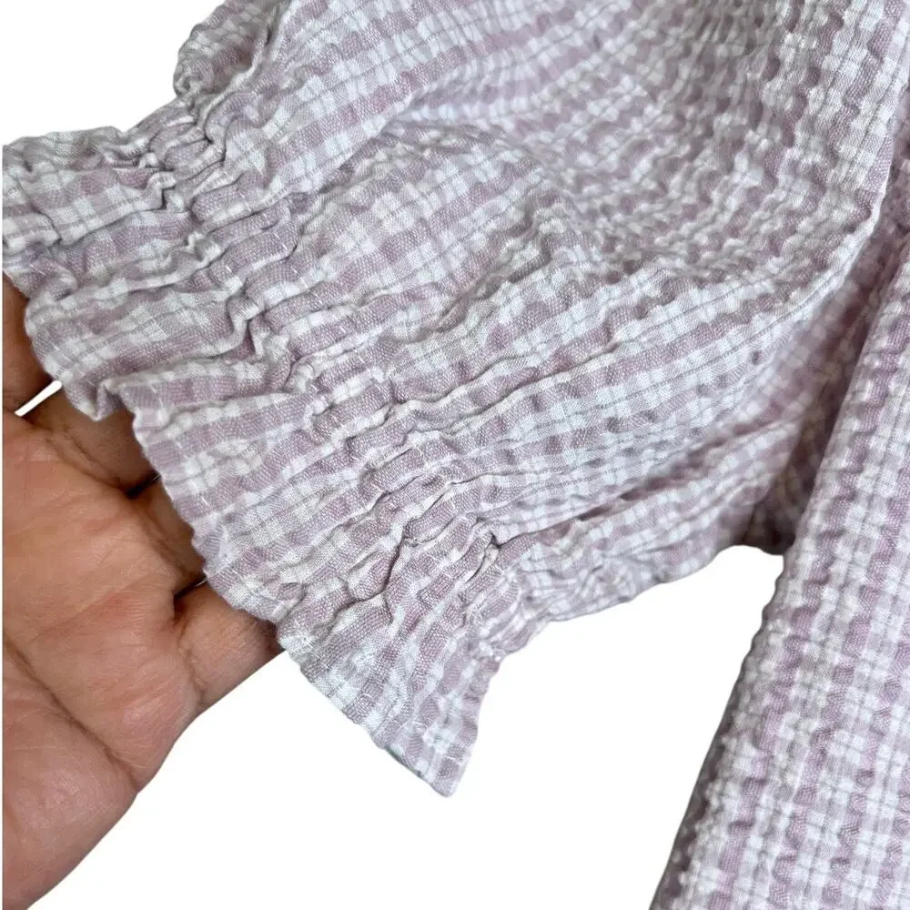 MADEWELL Seersucker Hopewell Puff-Sleeve Crop Top Womens Plaid Mauve Blouse XS